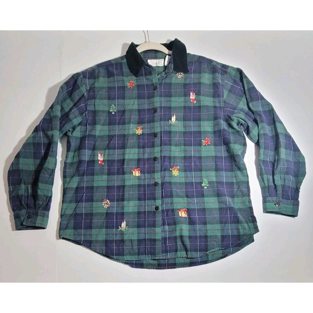 VTG 90s Christmas Plaid Embroidered Shirt XL Velvet Collar Granny Retro Holiday